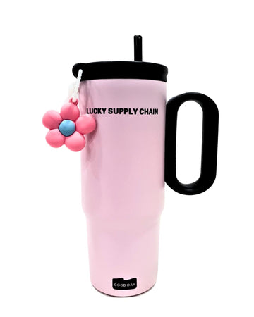 Insulated Travel Mug with Flower Charm, Pink, Stainless Steel with Straw and Handle