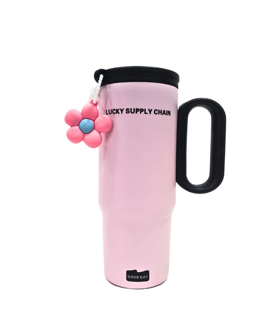 Insulated Travel Mug with Flower Charm, Pink, Stainless Steel with Straw and Handle