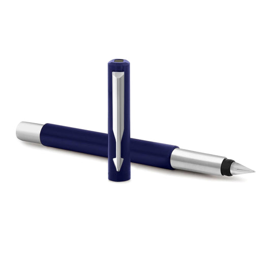 Parker Vector Standard Chrome Trim Calligraphy Fountain Pen | 7-Piece Set containts 2 Nibs, 2 Blue & 2 Black Ink Cartridges