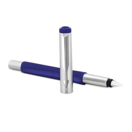Parker Vector Mettalix Fountain Pen with Quink Ink Bottle | Ink Color Blue | Blue Body with Chrome Trim, Refillable Fine Nib Pen