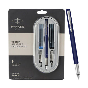 Parker Vector Standard Chrome Trim Calligraphy Fountain Pen | 7-Piece Set containts 2 Nibs, 2 Blue & 2 Black Ink Cartridges