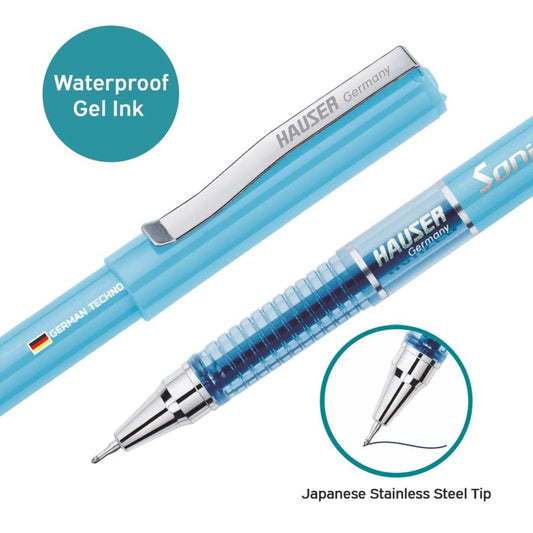 Hauser Sonic Gel Pen 0.55mm Fine Tip | Stylish Foiled Body | Metal Clip | PK10