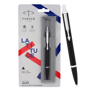 Parker Latitude Matte Black Chrome Trim Ball Pen | Blue Ink | Black Body Color