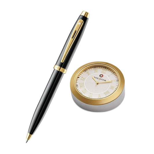 Sheaffer 9322 Ballpoint Pen with Gold Chrome Table Clock – Premium Gift Set