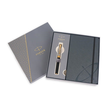 Parker Aster Essential Black and Chrome Trim Roller Ball Pen with Premium Hardbound Notebook, Blue Ink, Medium Point