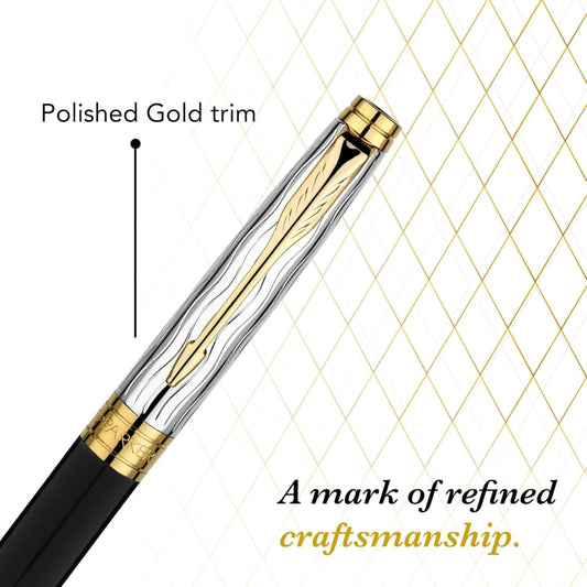 Parker Aster Essential Black and Chrome Trim Roller Ball Pen with Premium Hardbound Notebook, Blue Ink, Medium Point