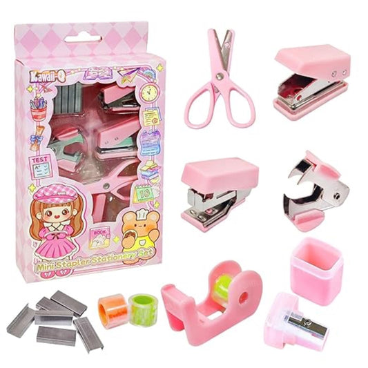 Mini Stapler Stationery Set (Pink) – Compact Stapler with Staples, Remover & Accessories