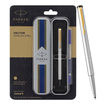 Parker Vector Stainless Steel Gold Trim Roller Ball Pen