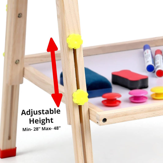 OBASIX® Height Adjustable Magnetic Foldable Whiteboard and Green Chalkboard for Children| Natural Pinewood| WBCB-02