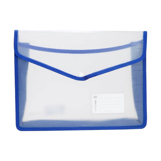 Worldone Flexi Document Bag Button Folder with Name Card Pocket, Machine Fitted Snap Button, Edge Binding, Cross line PP for Durability Expandable Design, DC217 FC Size