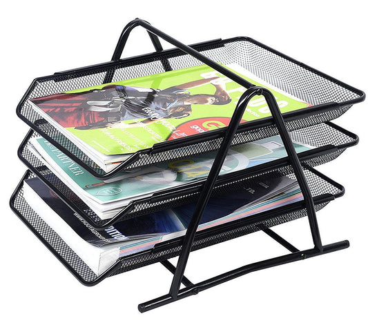 A black metal magazine holder with multiple levels, containing magazines.