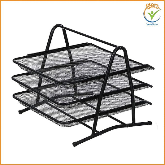 A black metal wire rack with stacked mesh shelves and angled folding supports, shown on a white background in a clean product image.