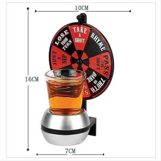 A dimensioned product diagram shows a compact device with a red-and-black circular top, an amber glass middle, and a silver base against a white background.