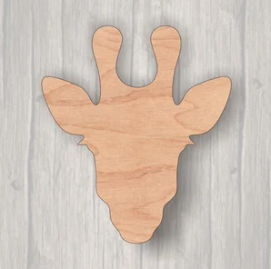 A wooden cutout in the shape of a giraffe's head and neck on a wooden surface.