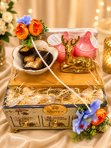 Luxury Monix Gift Hamper Box with Scented Candles, Golden Deer & Dry Fruit Bowl
