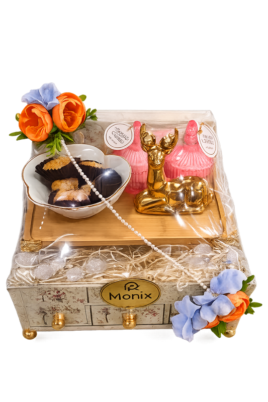 Luxury Monix Gift Hamper Box with Scented Candles, Golden Deer & Dry Fruit Bowl