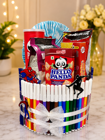 Kids Stationery & Snack Gift Hamper | Creative Return Gift Basket | Birthday Gift Hamper for Boys & Girls