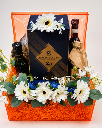 Royal Salute 25 Years Premium Luxury Gift Hamper with Elegant Floral Arrangement