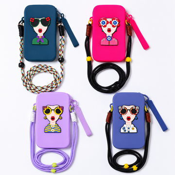 Cute Girl Design Crossbody Mobile Pouch with Adjustable Strap – Pink