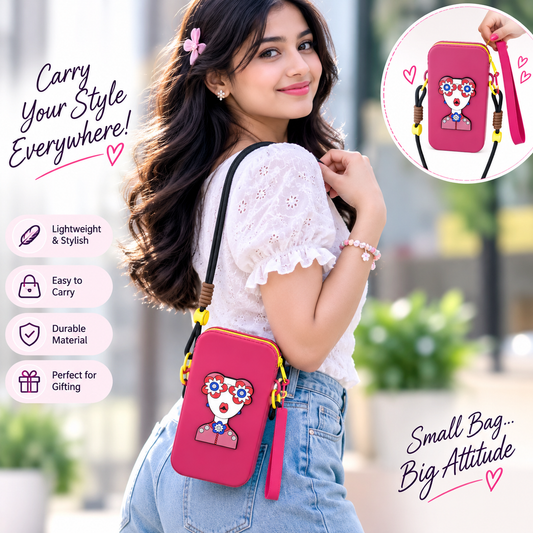 Cute Girl Design Crossbody Mobile Pouch with Adjustable Strap – Pink