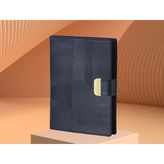 Dark blue leather notebook with a gold accent on a beige background.