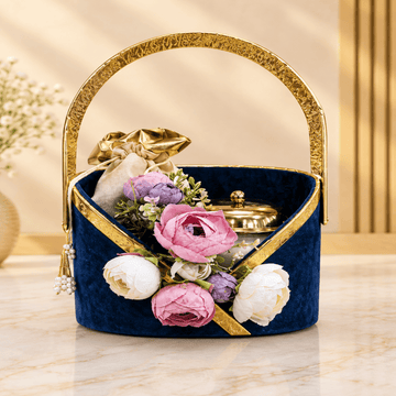 Ornate Navy Velvet Floral Basket for Gift