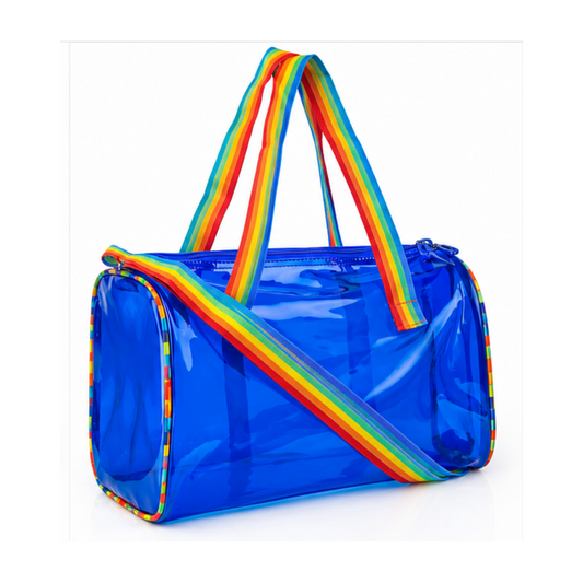 Transparent PVC Travel Duffel Bag with Rainbow Straps | Waterproof Gym, Beach & Travel Shoulder Bag