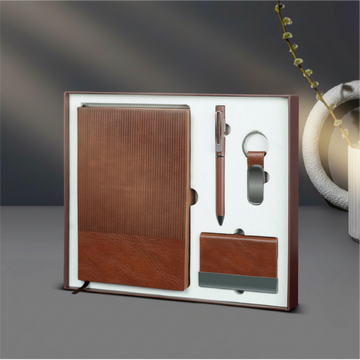 A5 NOTE BOOK, ROLLER PEN, KEY CHAIN, VISITING CARD HOLDER.
