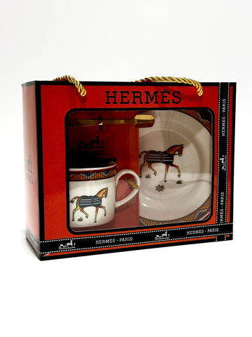 HERMES Horse Printed Tea Cups & Saucers set of 2