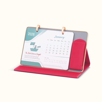 Luxury Leather Table Calendar with Pocket & Metallic Golden Body